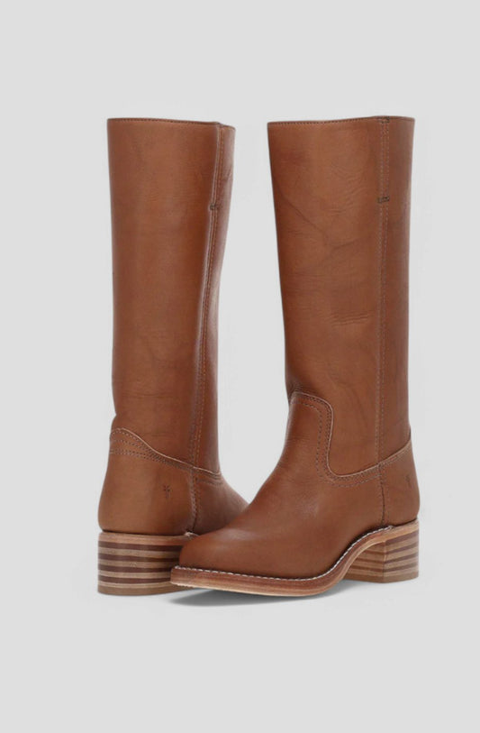 Brown leather knee-high boots with stacked heel, pull-on style