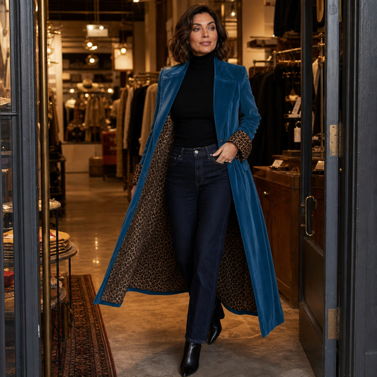 Blue velvet maxi coat with leopard-print lining, long lapels and button front