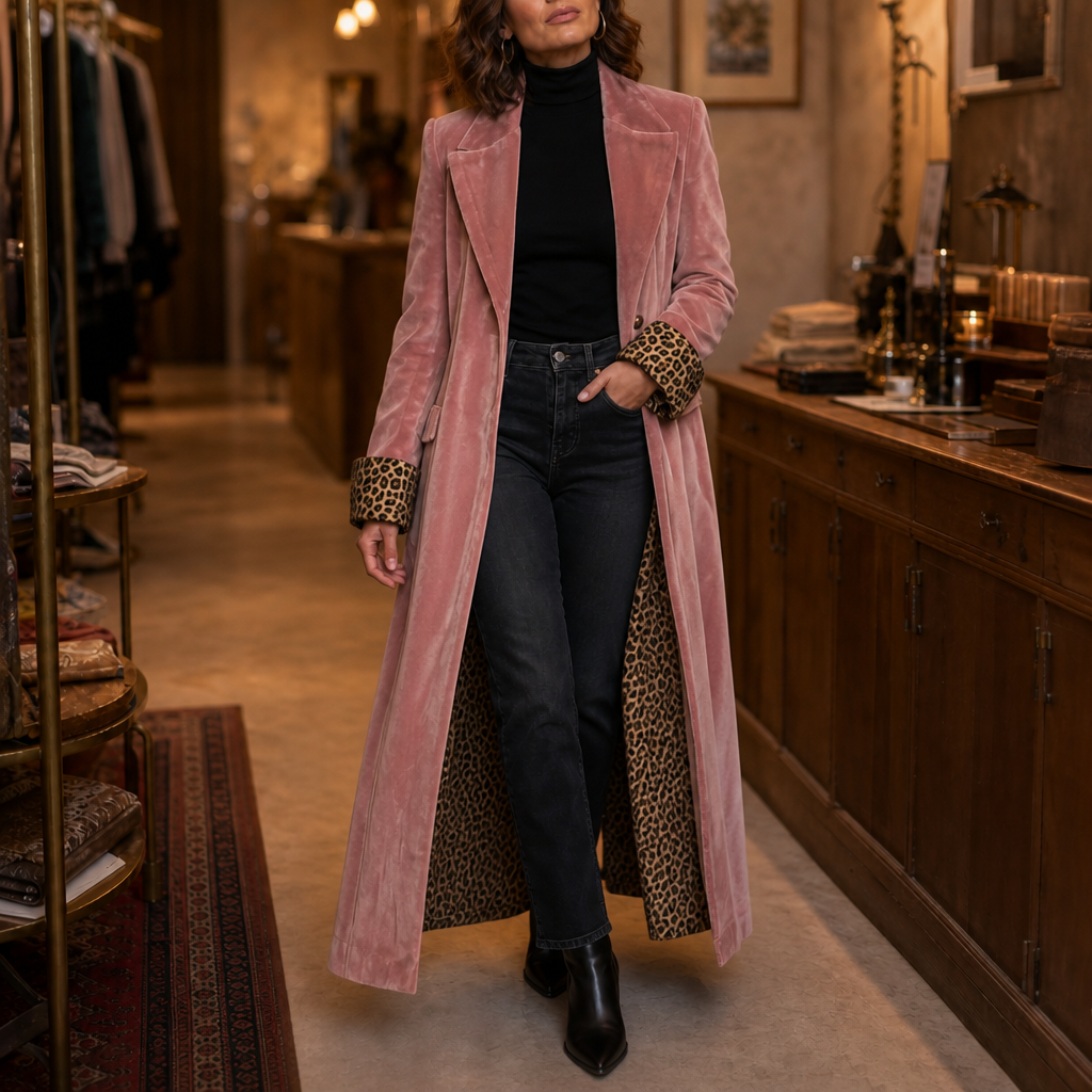 Leopard-Lined Velvet Maxi Coat