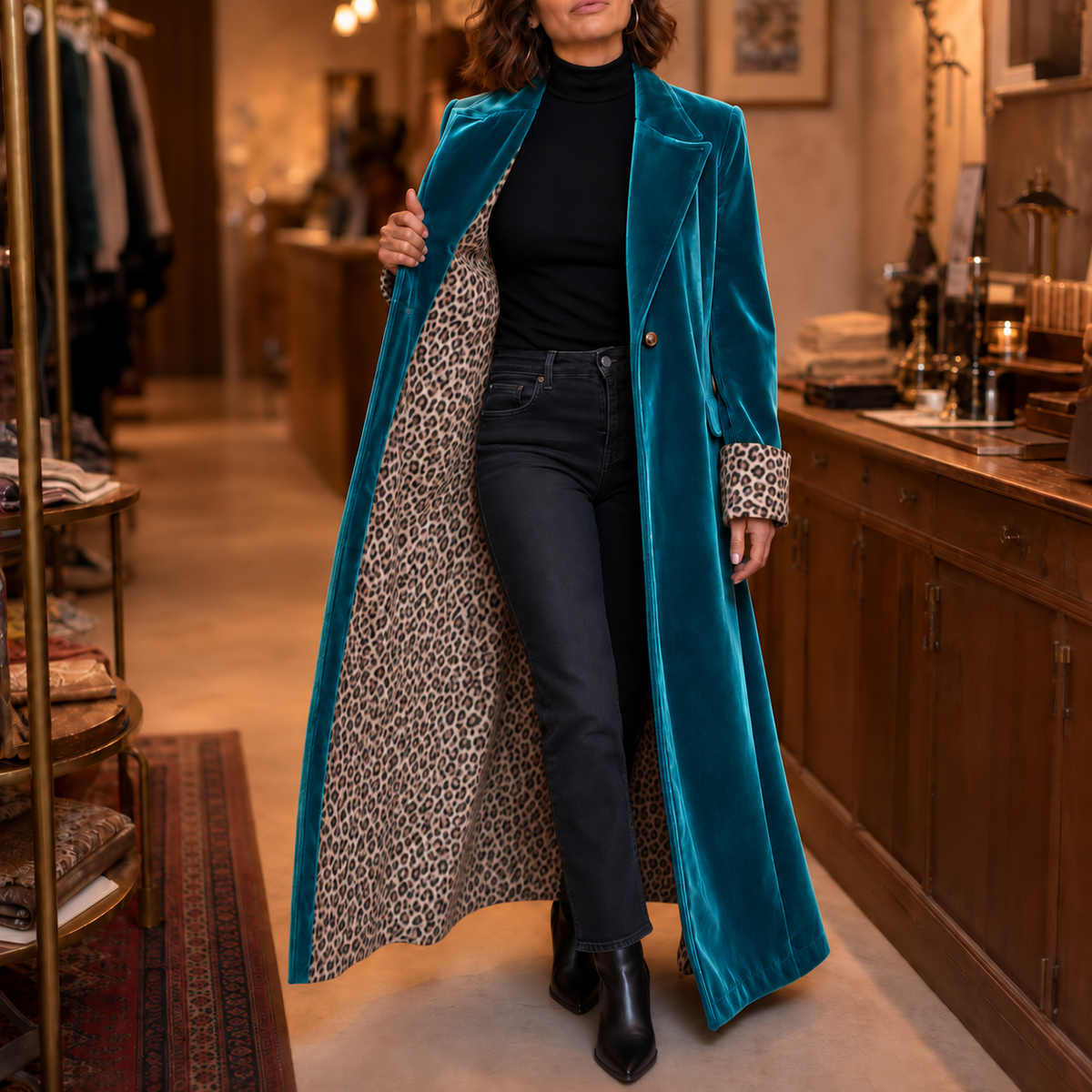 Leopard-Lined Velvet Maxi Coat