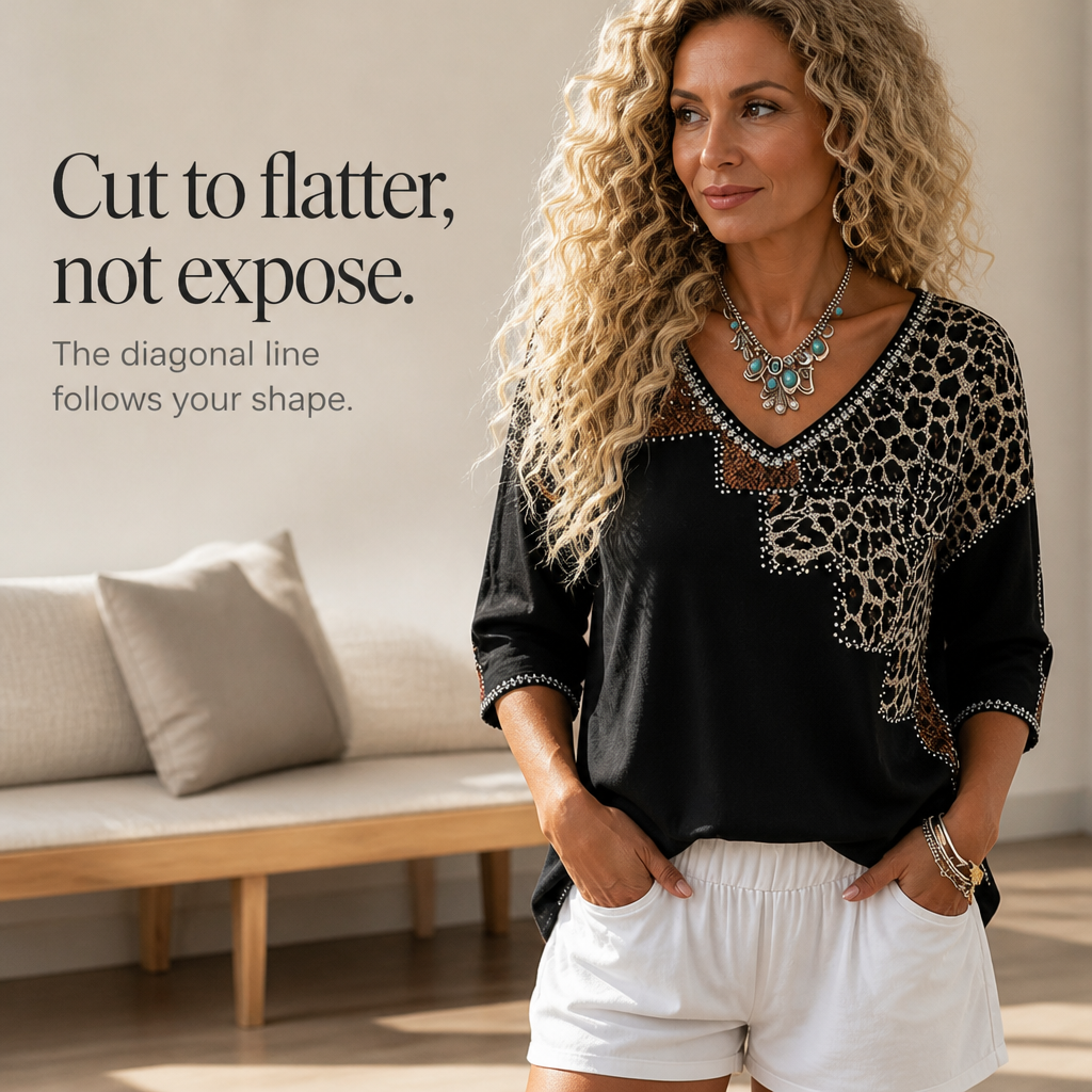 Black V-neck blouse with leopard patchwork yoke and rhinestone-trimmed neckline