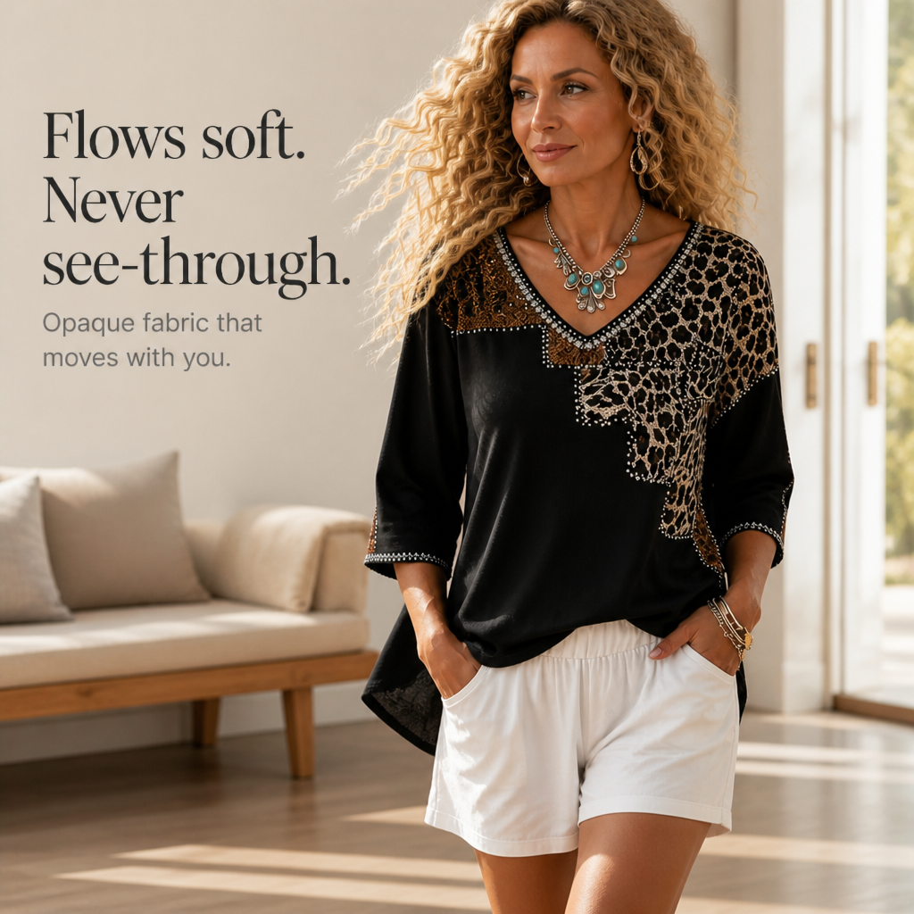 Black V-neck blouse with leopard patchwork and rhinestone trim, 3/4 sleeves