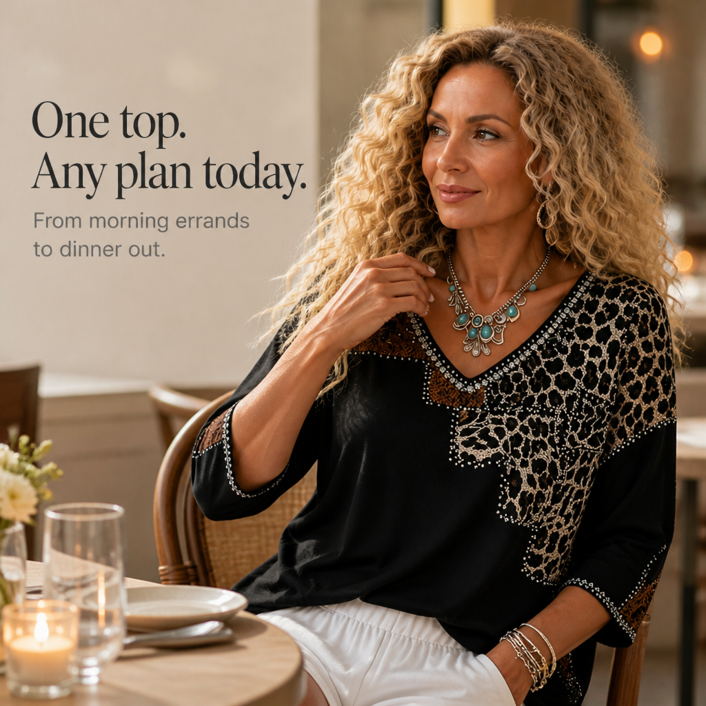 Black v-neck blouse with leopard patchwork and embellished neckline, 3/4 sleeves