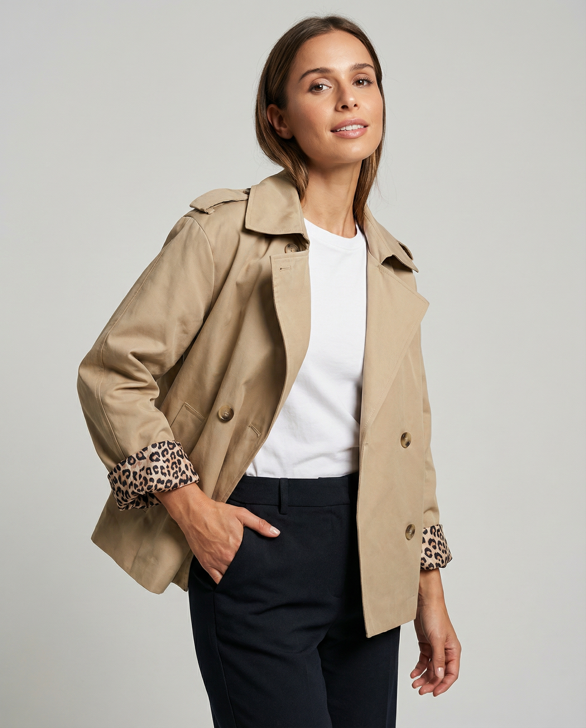 Leopard Print Cropped Trench Coat