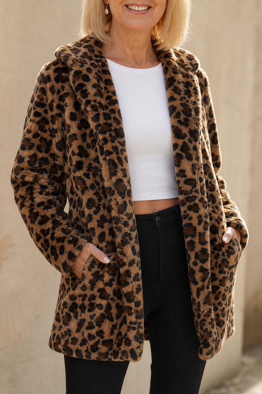 Leopard Print Faux Fur Longline Coat