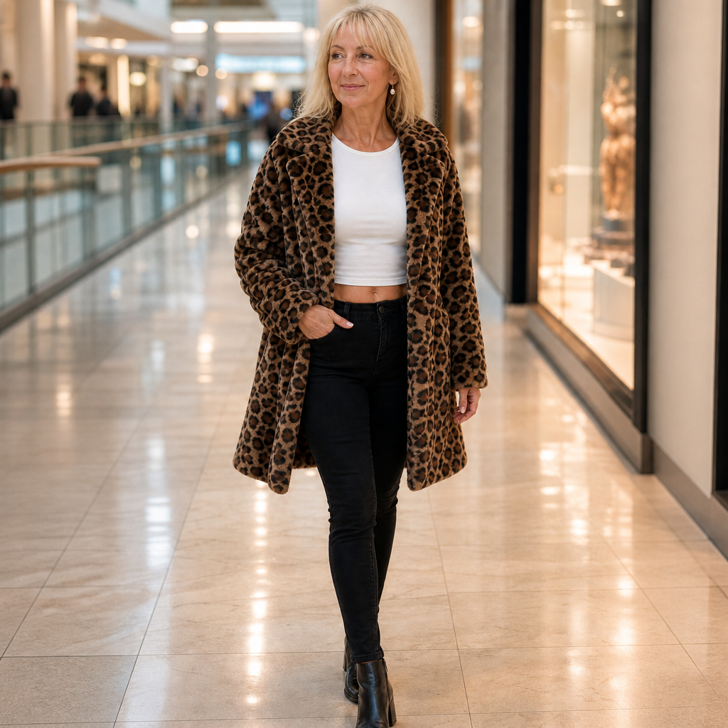 Leopard Print Faux Fur Longline Coat