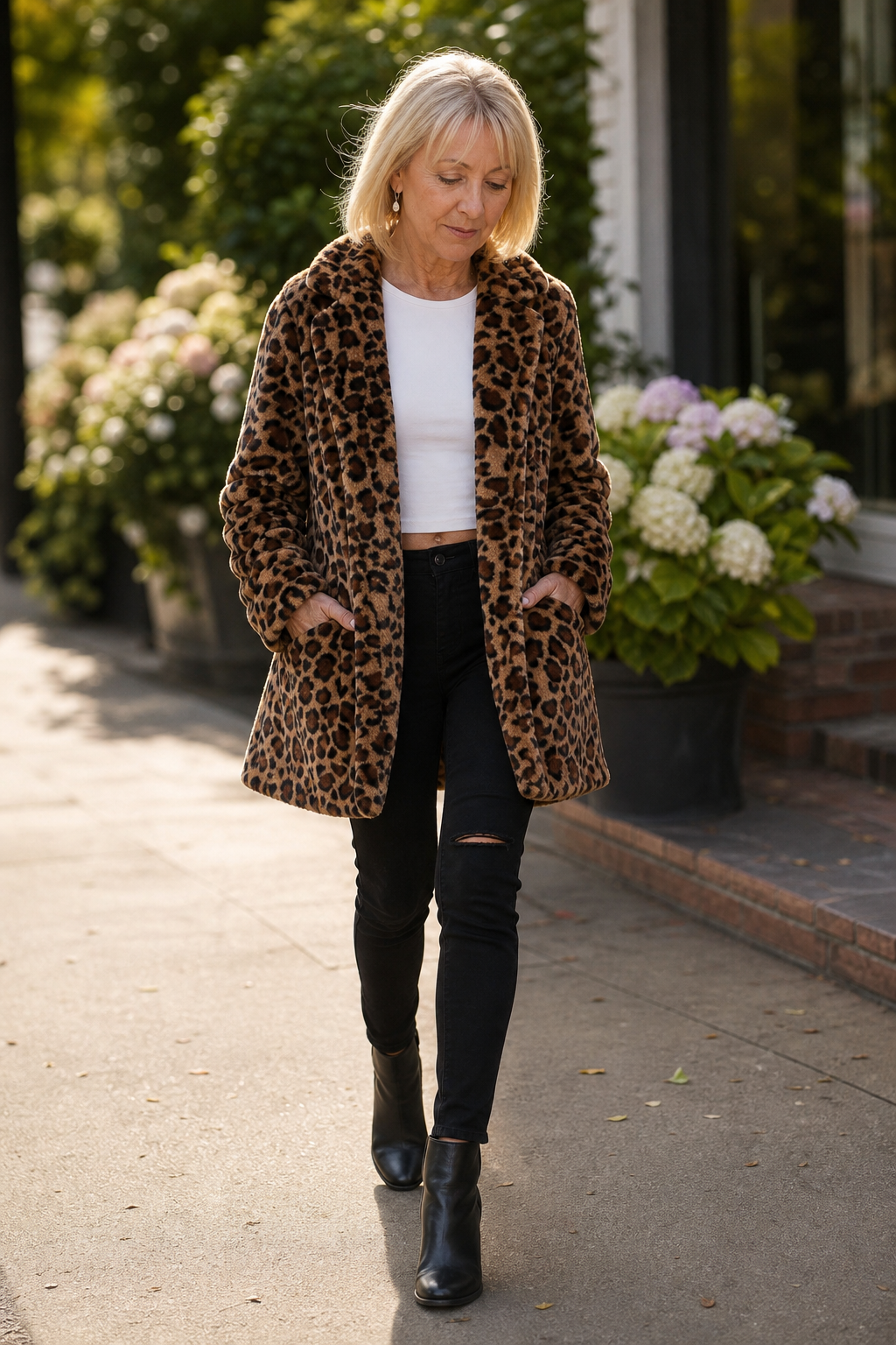 Leopard Print Faux Fur Longline Coat
