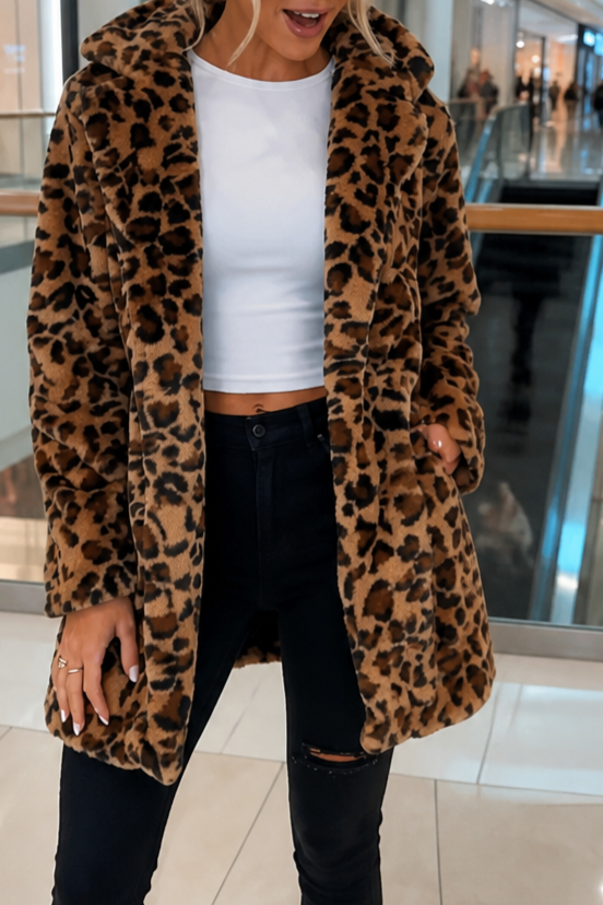 Leopard Print Faux Fur Longline Coat