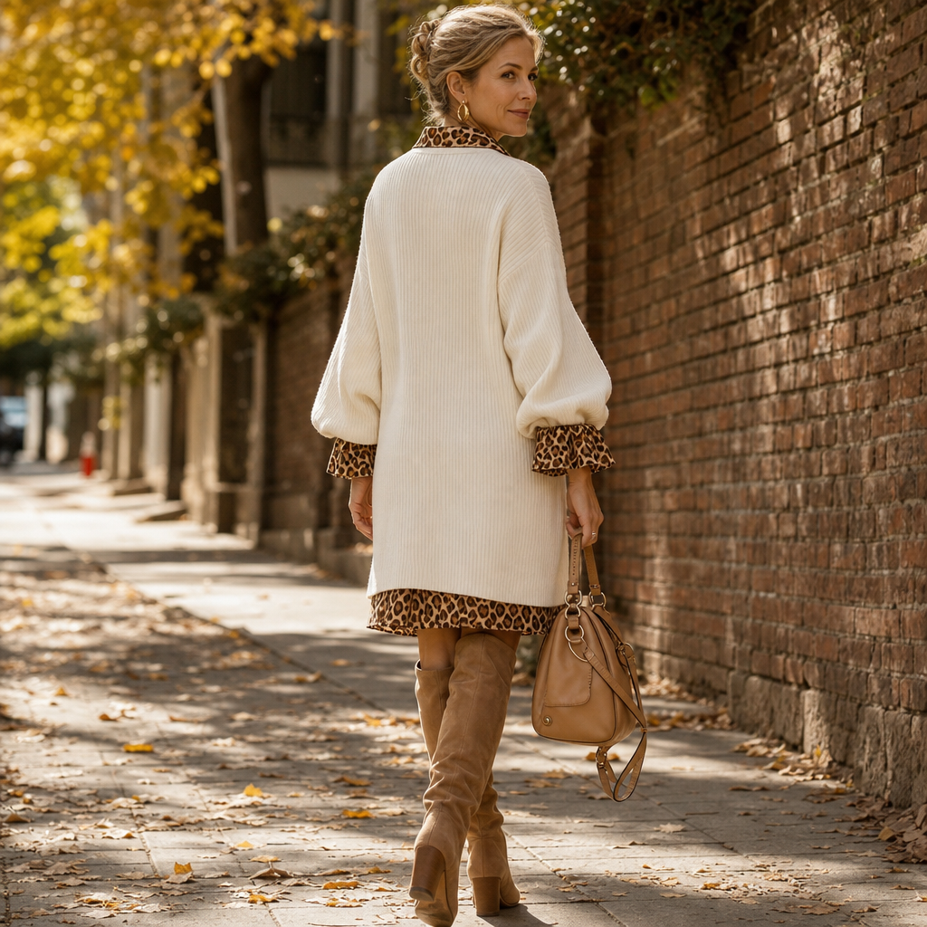 Cream knit long sleeve mini dress with leopard back neck trim and hem band