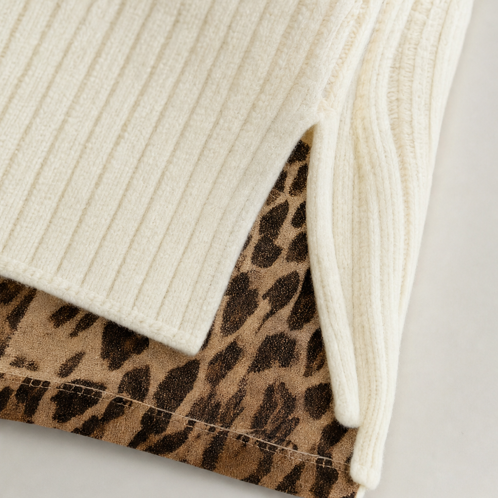 Close-up of cream knit dress hem with leopard trim band