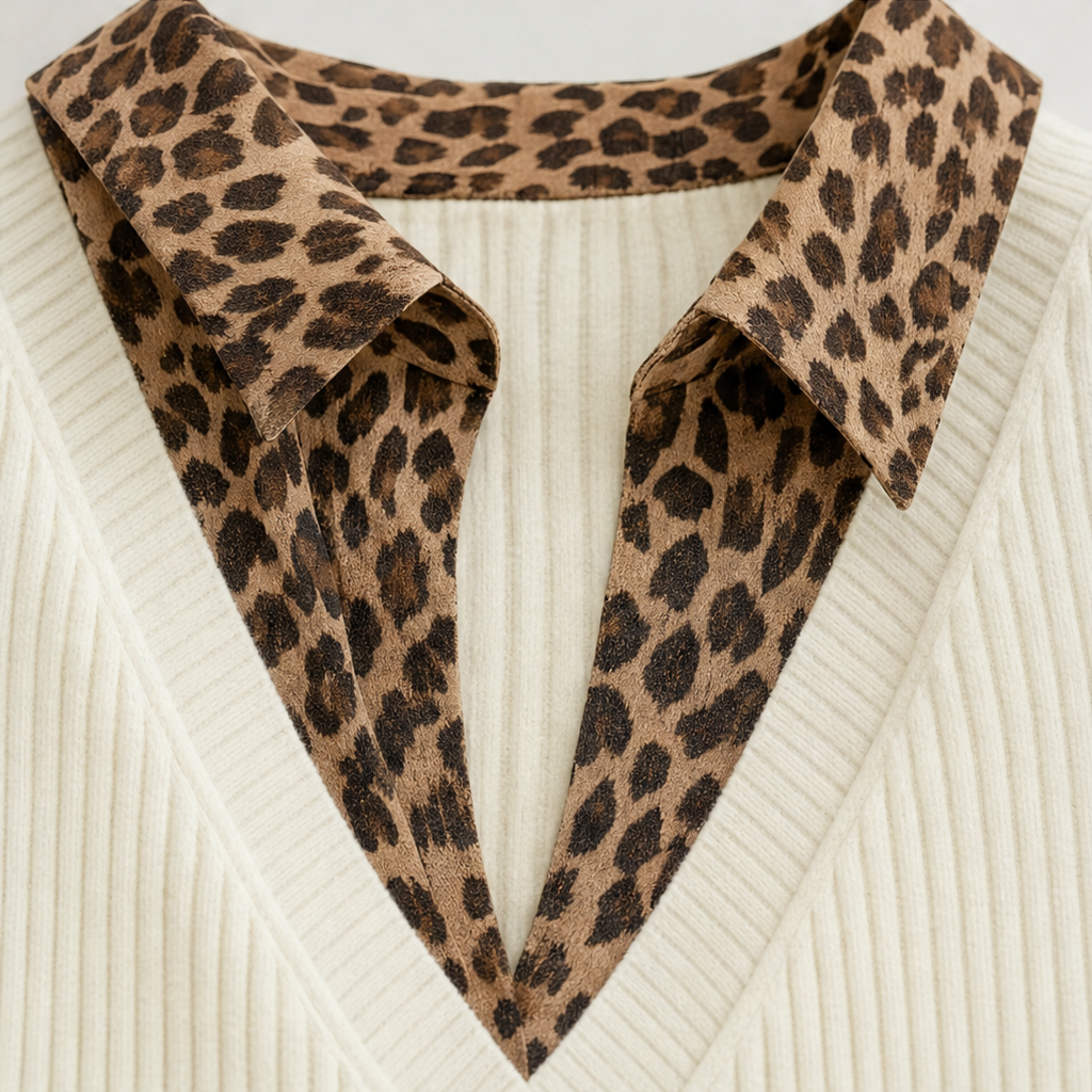 Leopard V-neck trim detail on a cream knit long sleeve mini dress