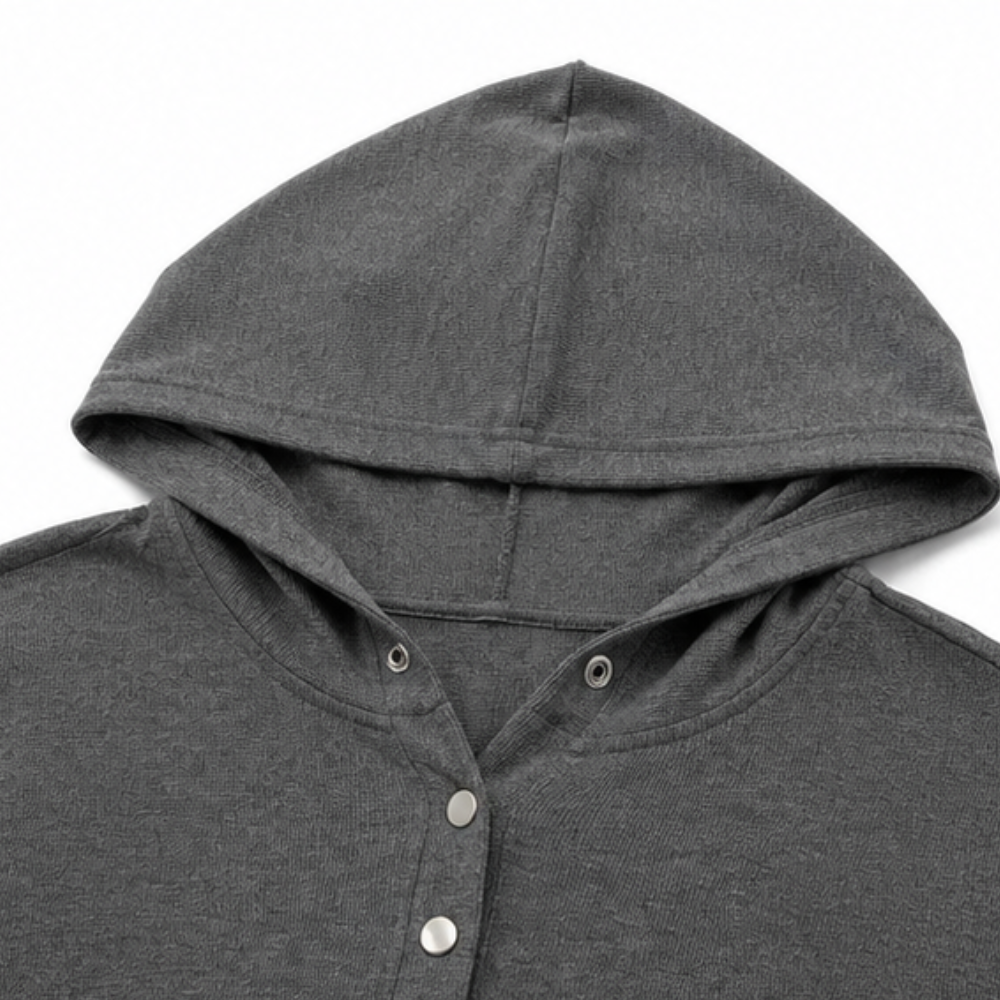 Dark grey hooded henley hoodie neckline with front buttons and split placket