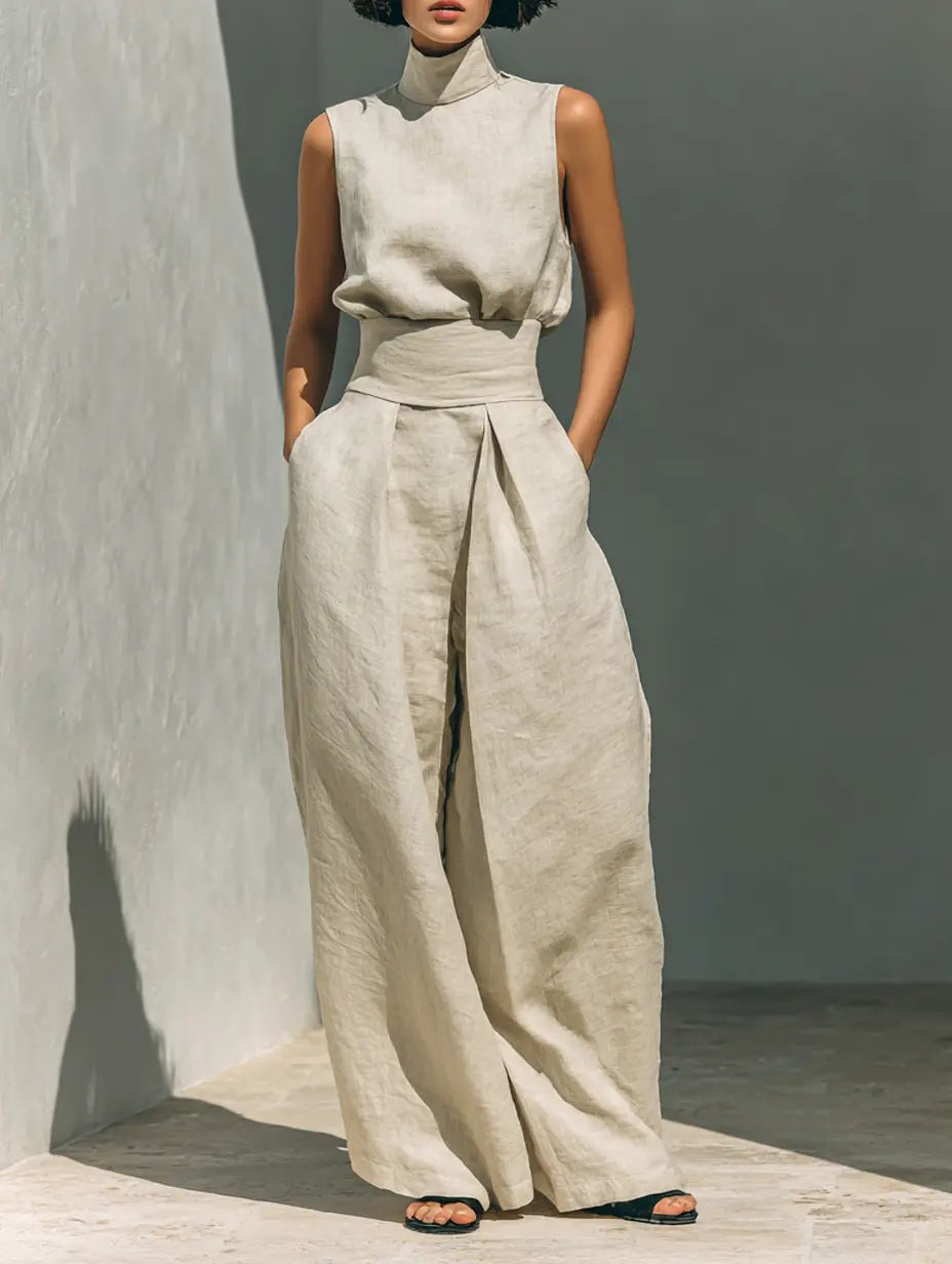 Linen high-neck sleeveless set in light cream with wide-leg trousers