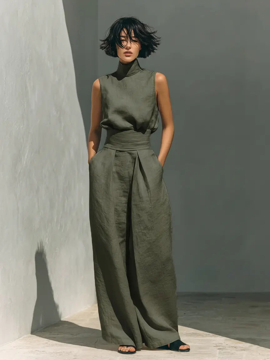 Linen high-neck sleeveless set in dark olive green with wide-leg trousers