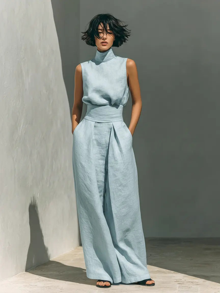 Linen high-neck sleeveless set in light blue with tie-waist wide-leg trousers