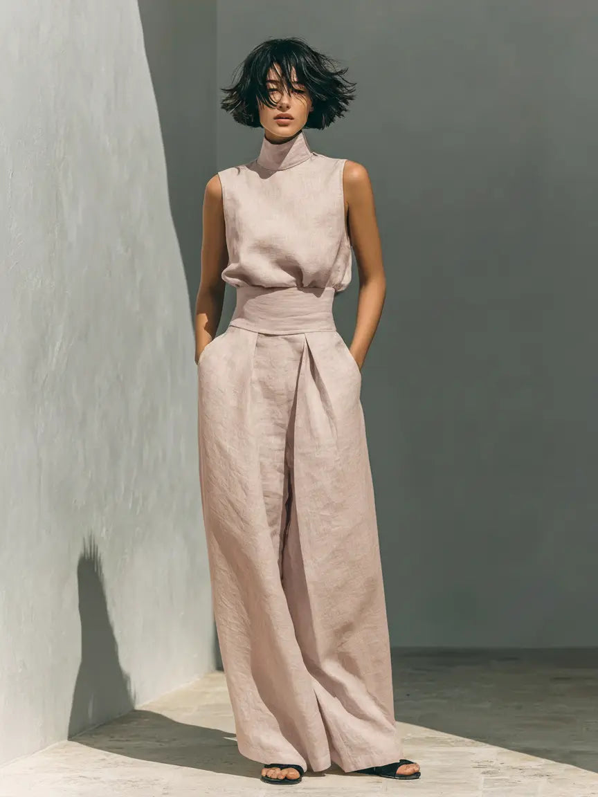Linen high-neck sleeveless set in blush-beige with wide-leg trousers