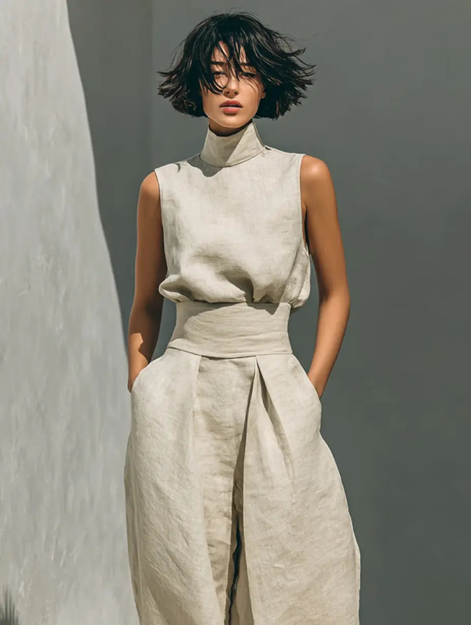 Linen high-neck sleeveless set in light cream with draped waist and wide-leg pants