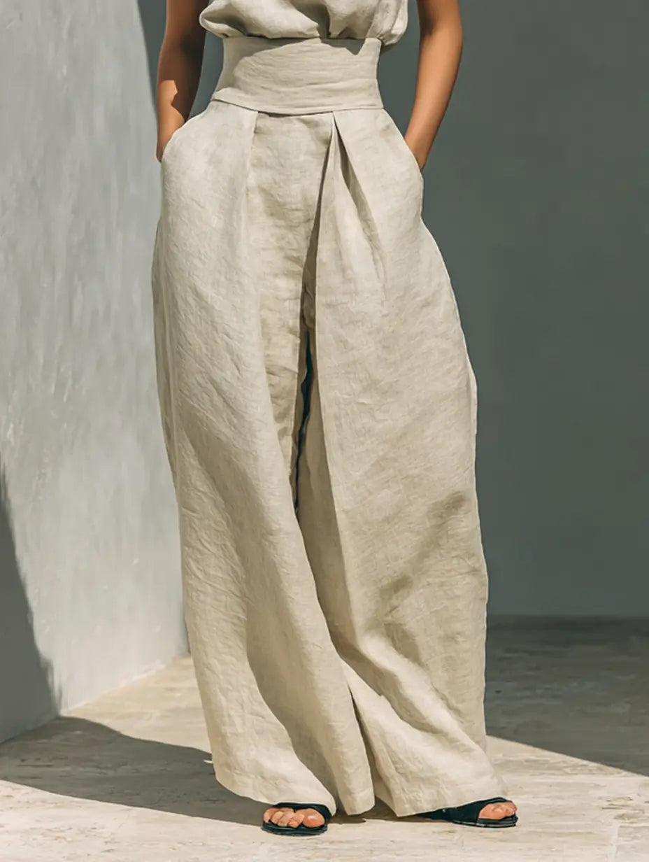 Linen wide-leg trousers in light cream with high waist wrap tie