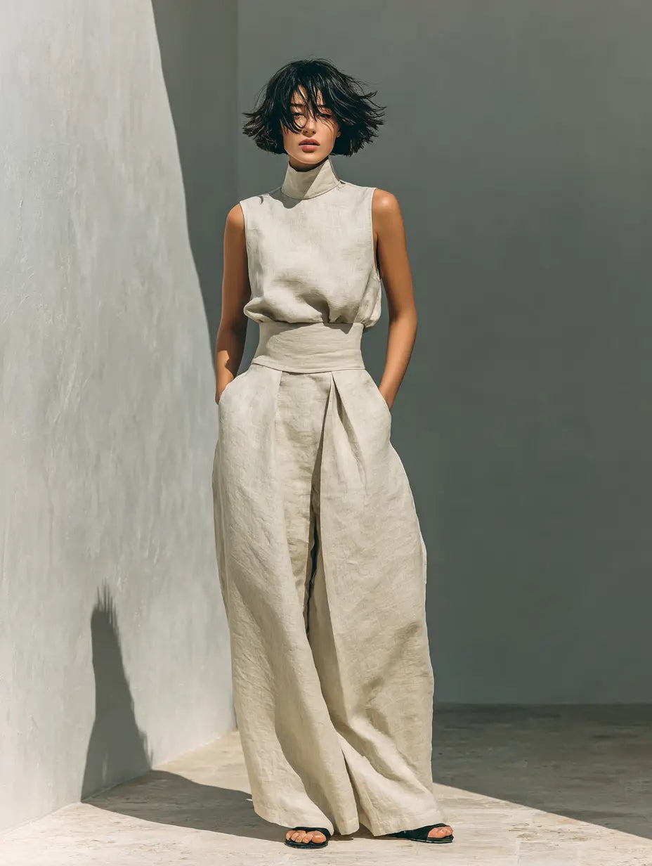Linen high-neck sleeveless set in light cream with sash waist and wide-leg pants