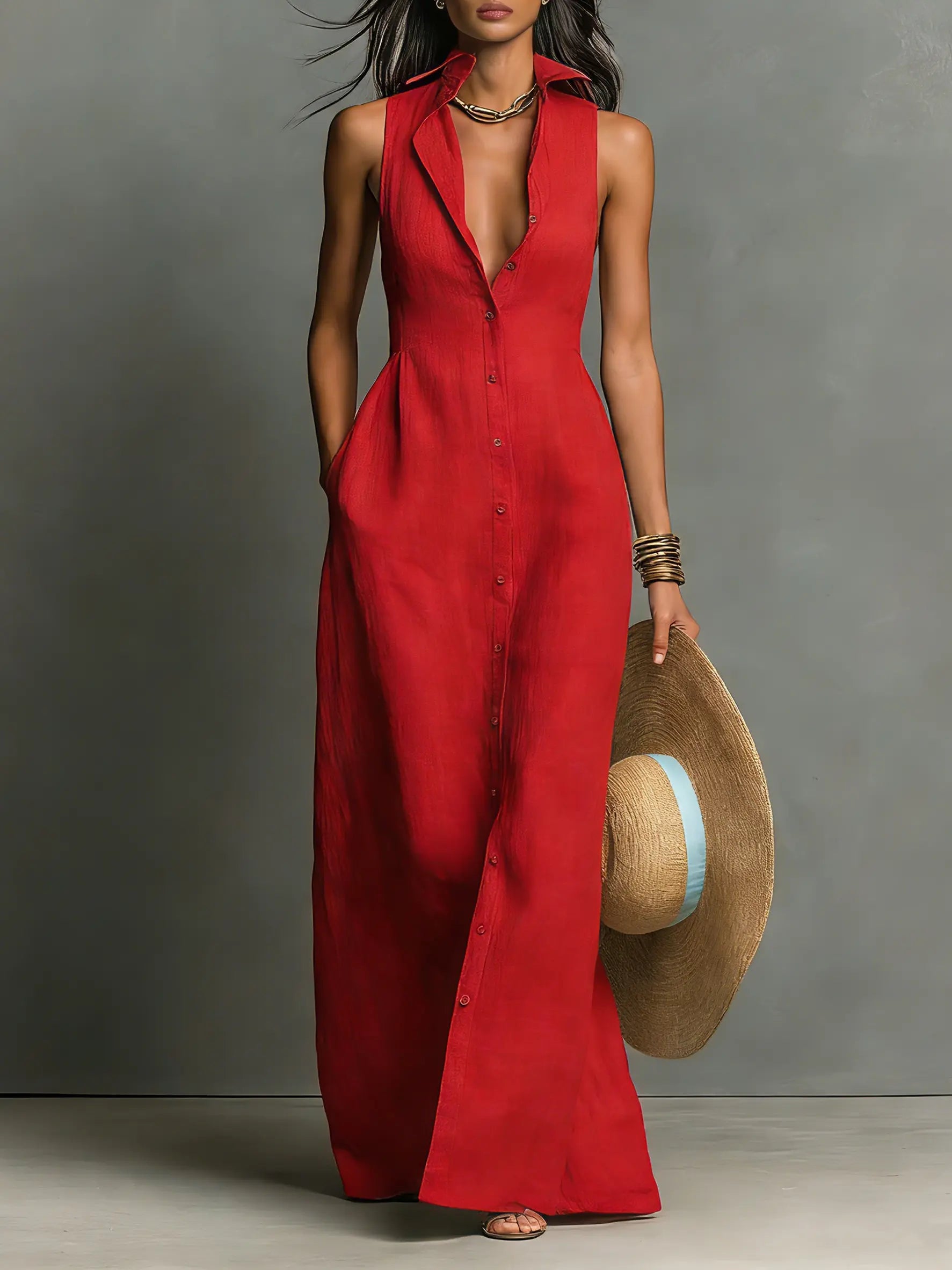 Red linen maxi sleeveless button-front shirt dress with deep V neckline