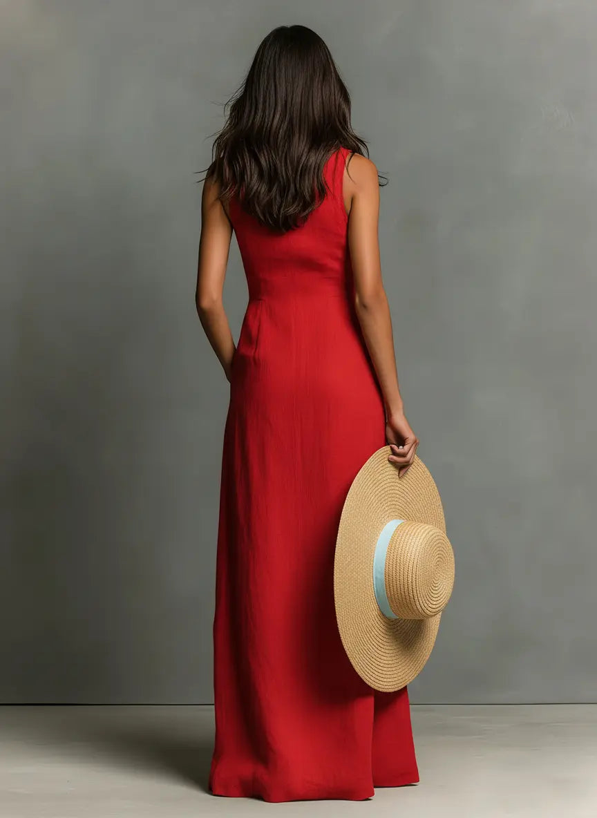 Red linen maxi sleeveless shirt dress, back view, button-front and deep V neckline
