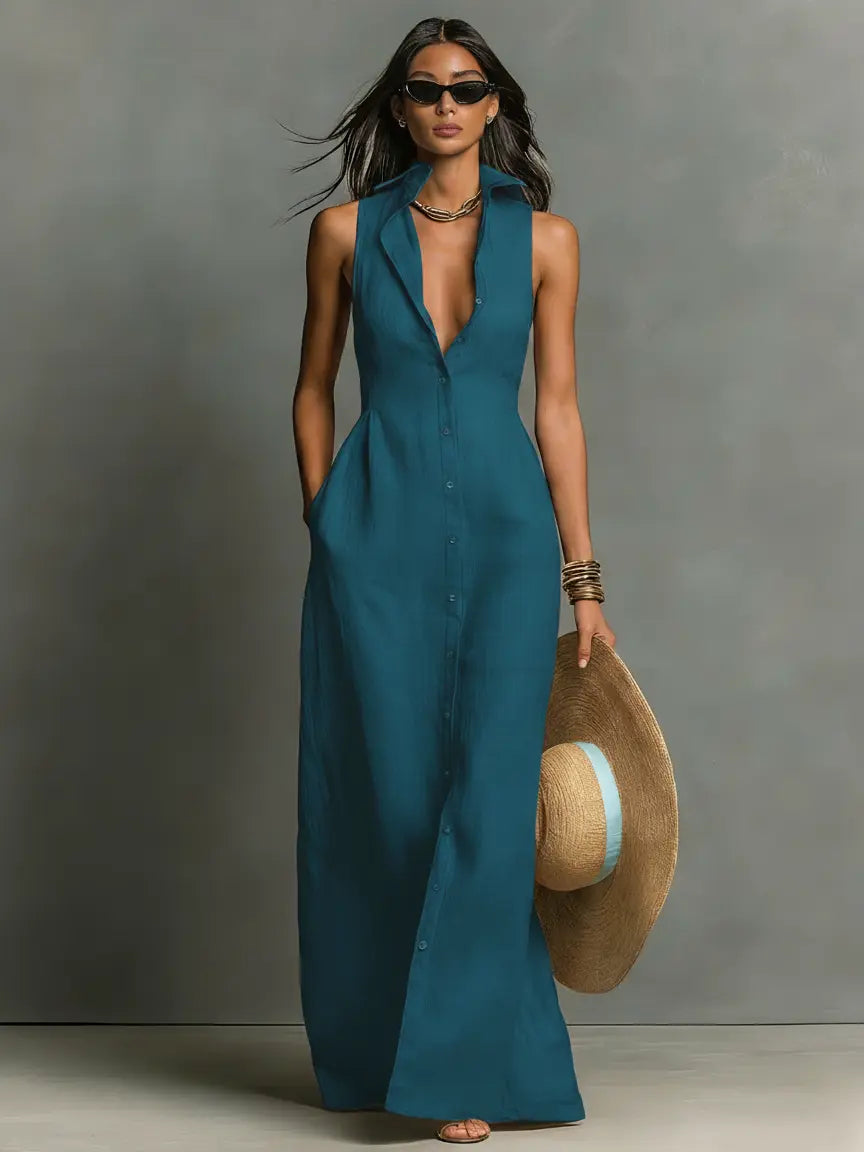 Teal blue linen maxi sleeveless shirt dress with deep V neckline and front buttons