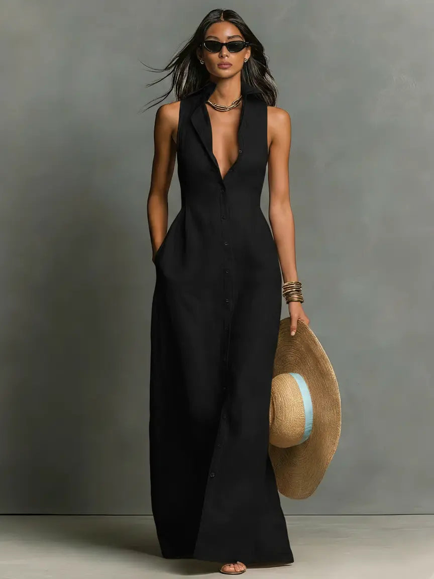 Black linen maxi sleeveless shirt dress with deep V neckline and button placket