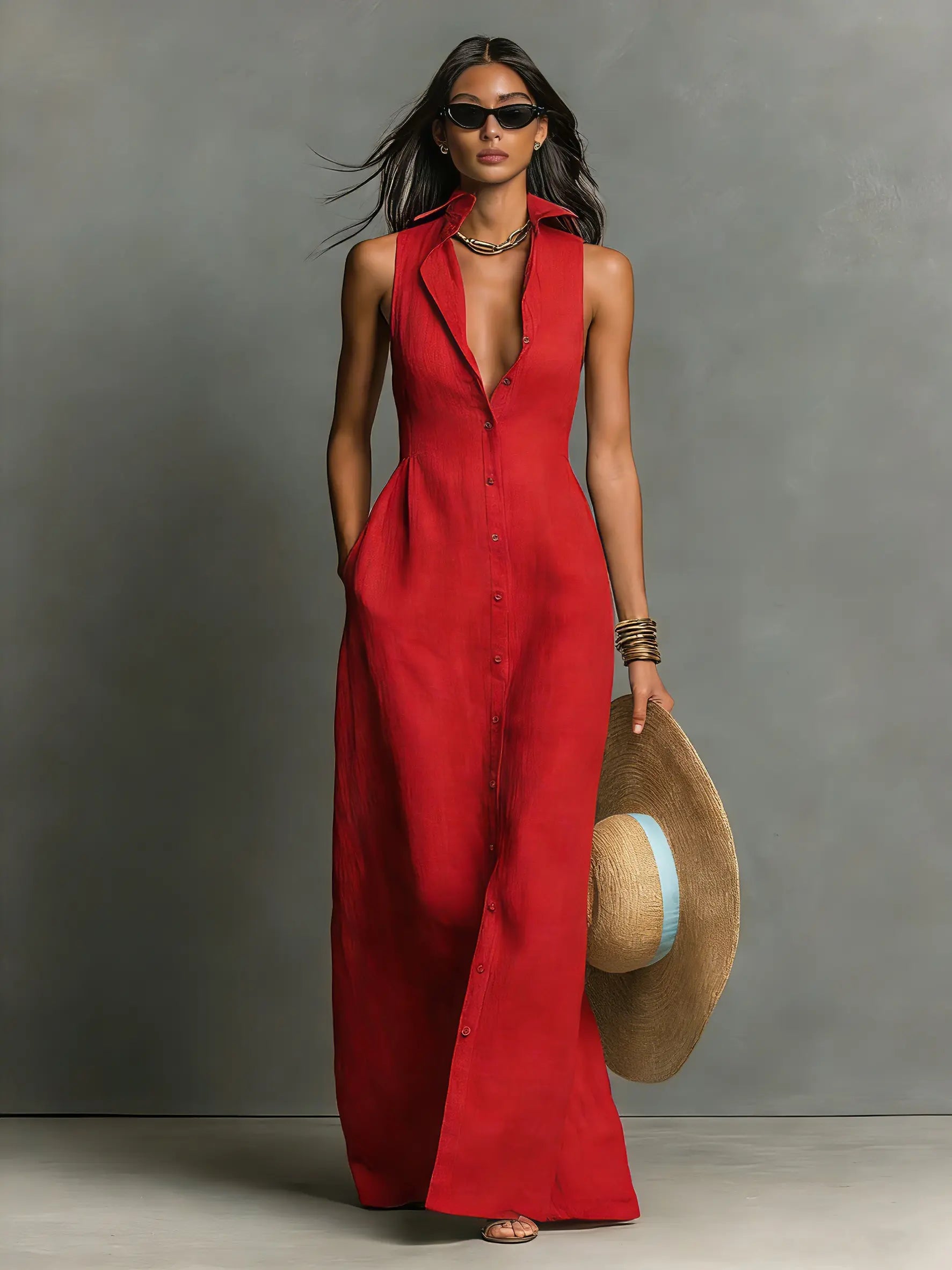 Red linen maxi sleeveless shirt dress, front view, deep V neckline with front buttons