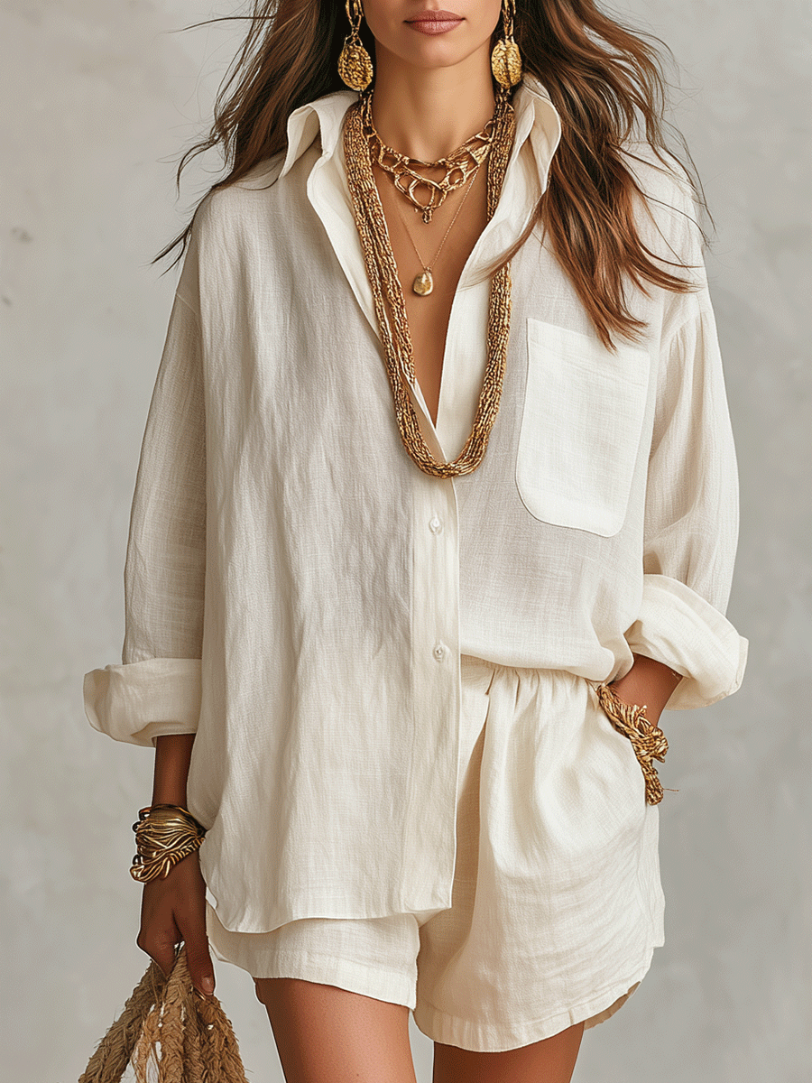 Off-white linen oversized shirt and shorts set, long sleeves, chest pocket, button front