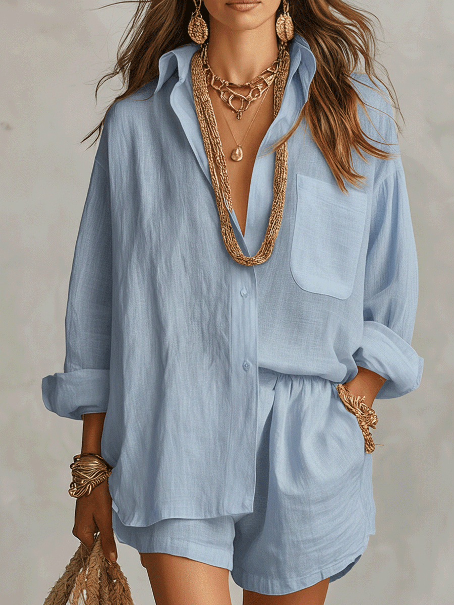 Light blue linen oversized shirt and shorts set, long sleeves, chest pocket, button front