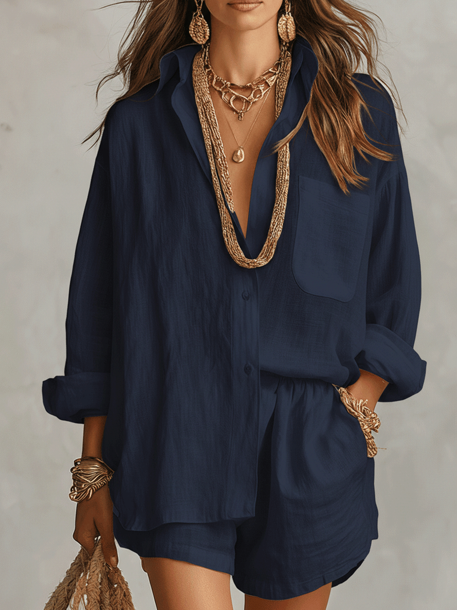 Navy linen oversized shirt and shorts set, long sleeves, chest pocket, button front