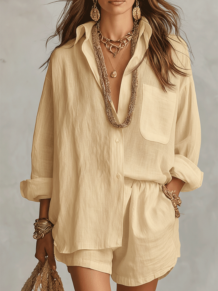 Beige linen oversized shirt and shorts set, long sleeves, chest pocket, button front