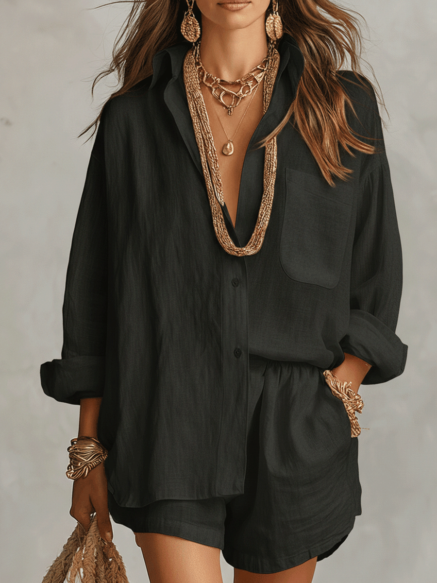 Black linen oversized shirt and shorts set, long sleeves, chest pocket, button front