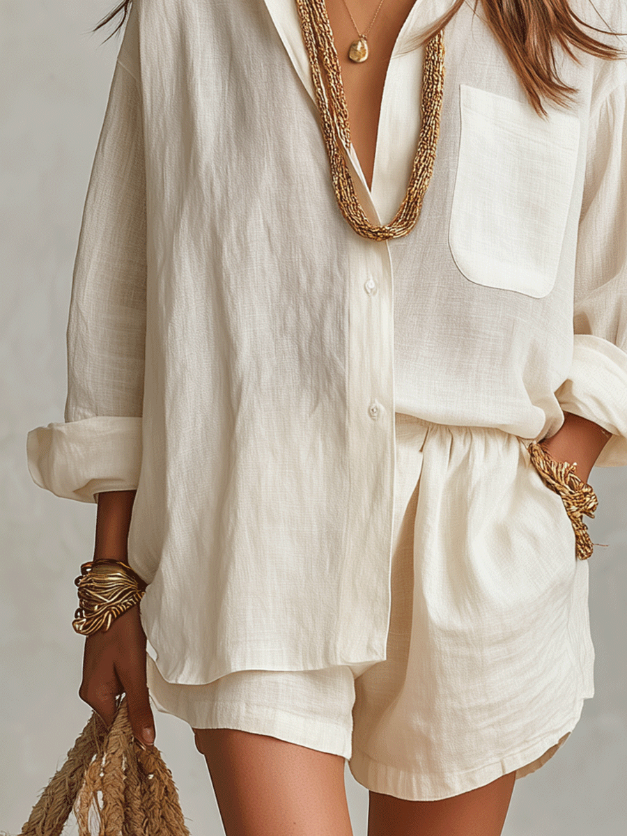 Off-white linen oversized shirt and shorts set, button front, elastic waist shorts, cuffed sleeves