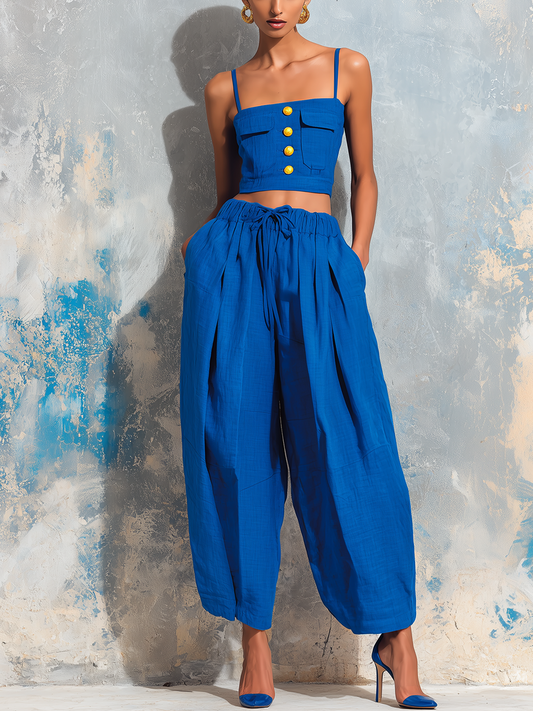 Blue linen camisole set: tank top with gold buttons and gathered wide-leg pants