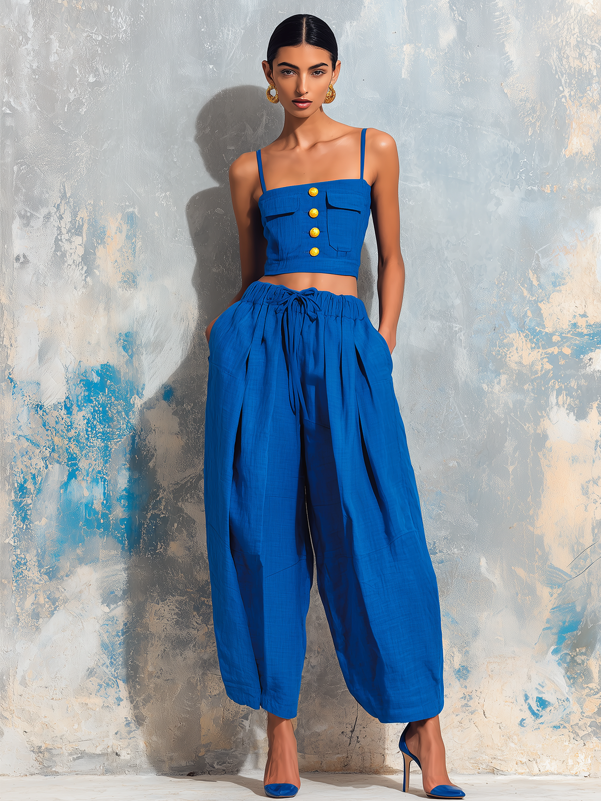 Blue linen tank top and wide-leg pants set, square neckline with gold buttons