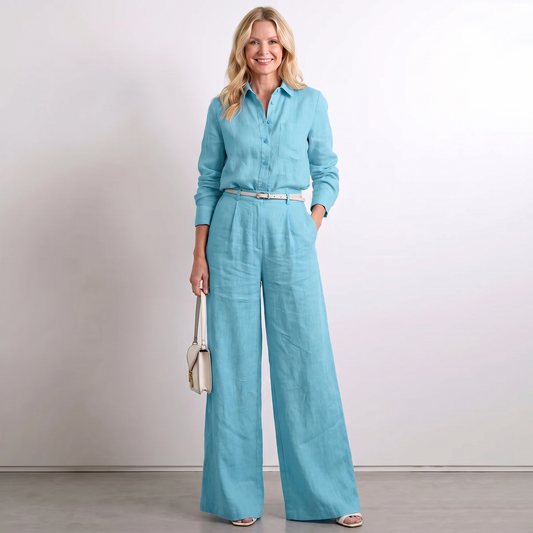 Blue linen wide-leg palazzo pants with button front and matching belt