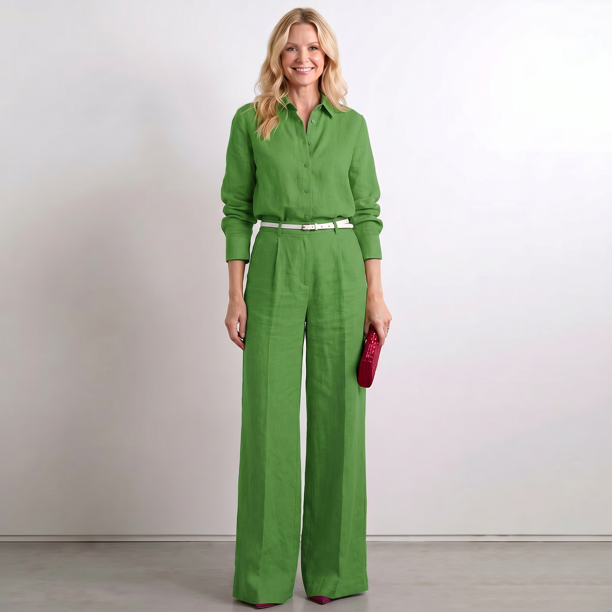 Green linen wide-leg palazzo pants with button front and matching belt