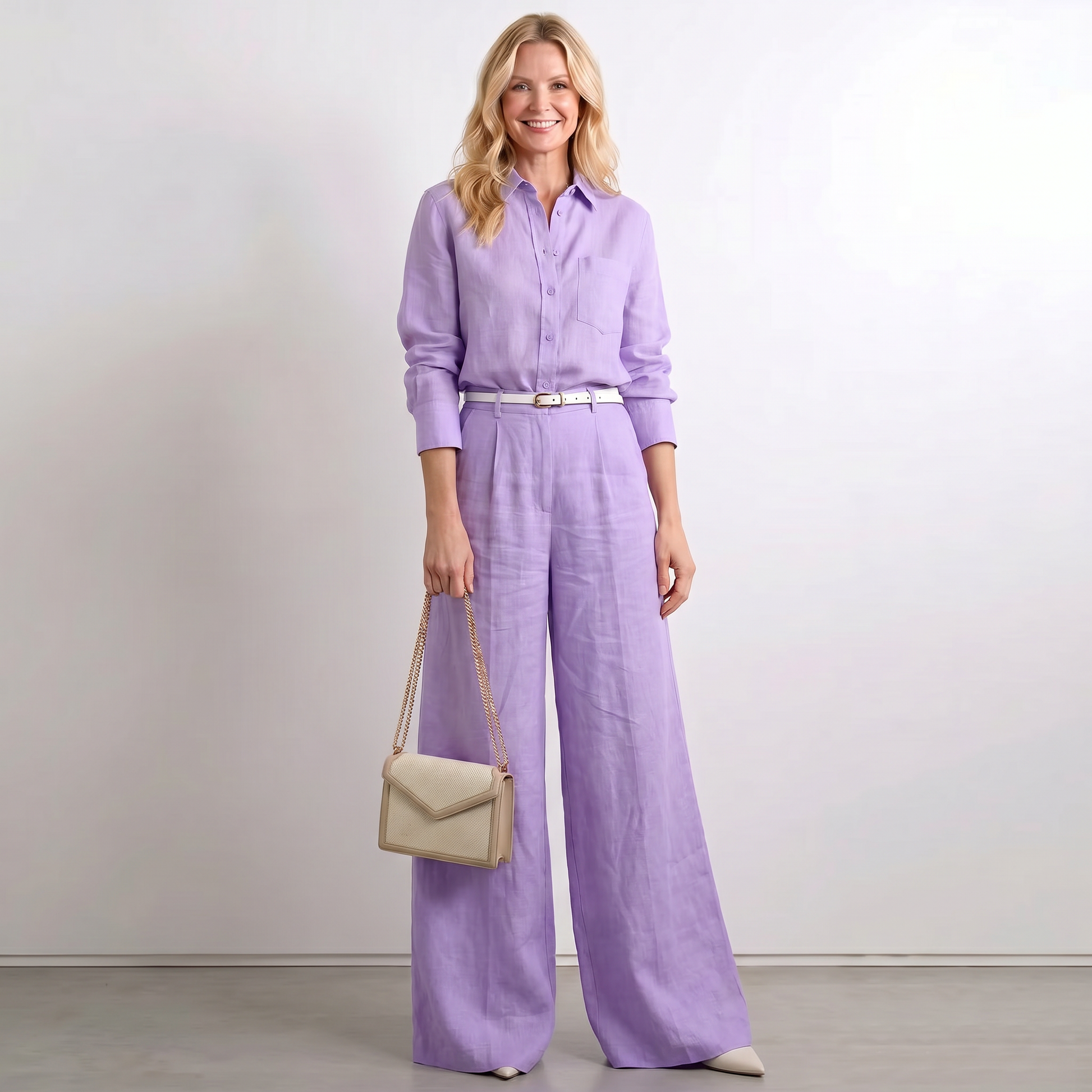 Purple linen wide-leg palazzo pants with button front and matching belt