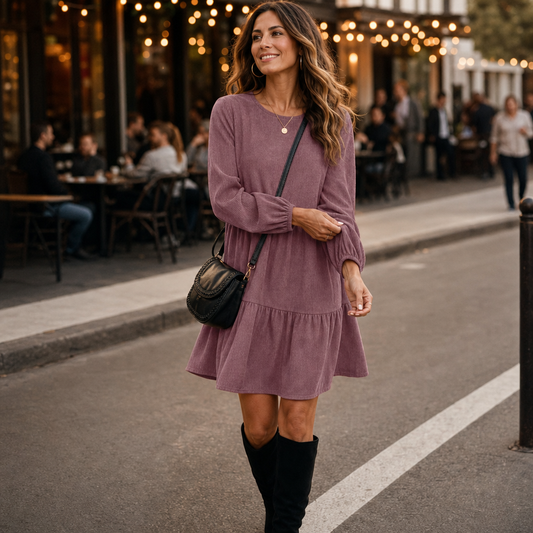 Mauve long-sleeve tiered dress with round neck, gathered skirt tiers and long sleeves