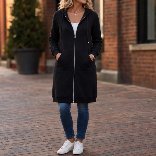 Black long zip-up hooded jacket with front pockets and drawstring hood