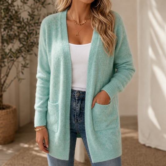 Mint green open-front longline wool knit cardigan with patch pockets and ribbed hem cuffs.