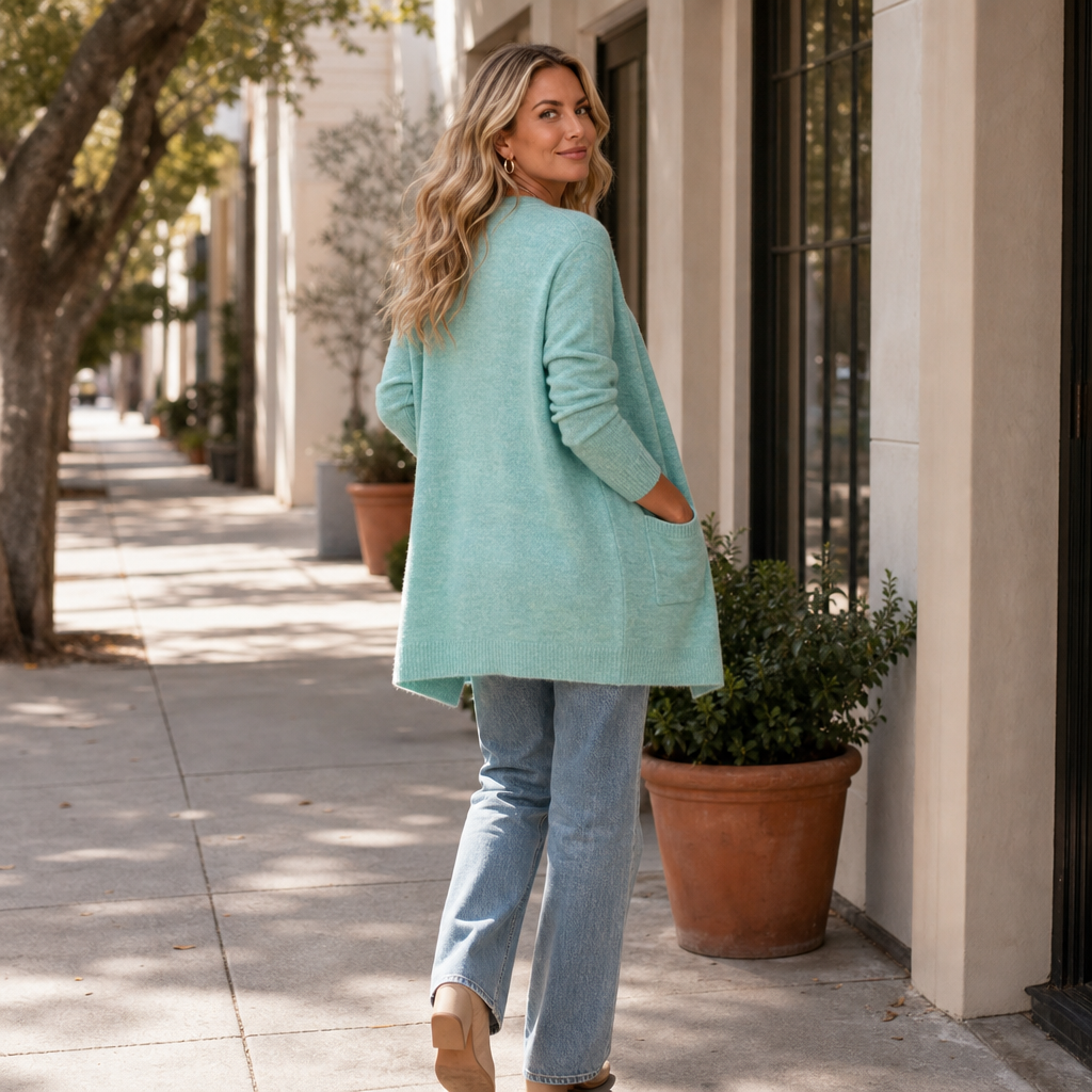 Mint green longline open-front wool knit cardigan with patch pocket detail and ribbed edge.