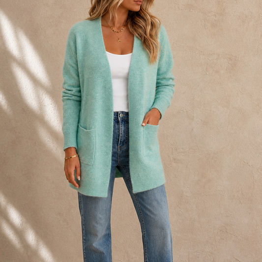 Mint green long open-front wool knit cardigan with two front pockets