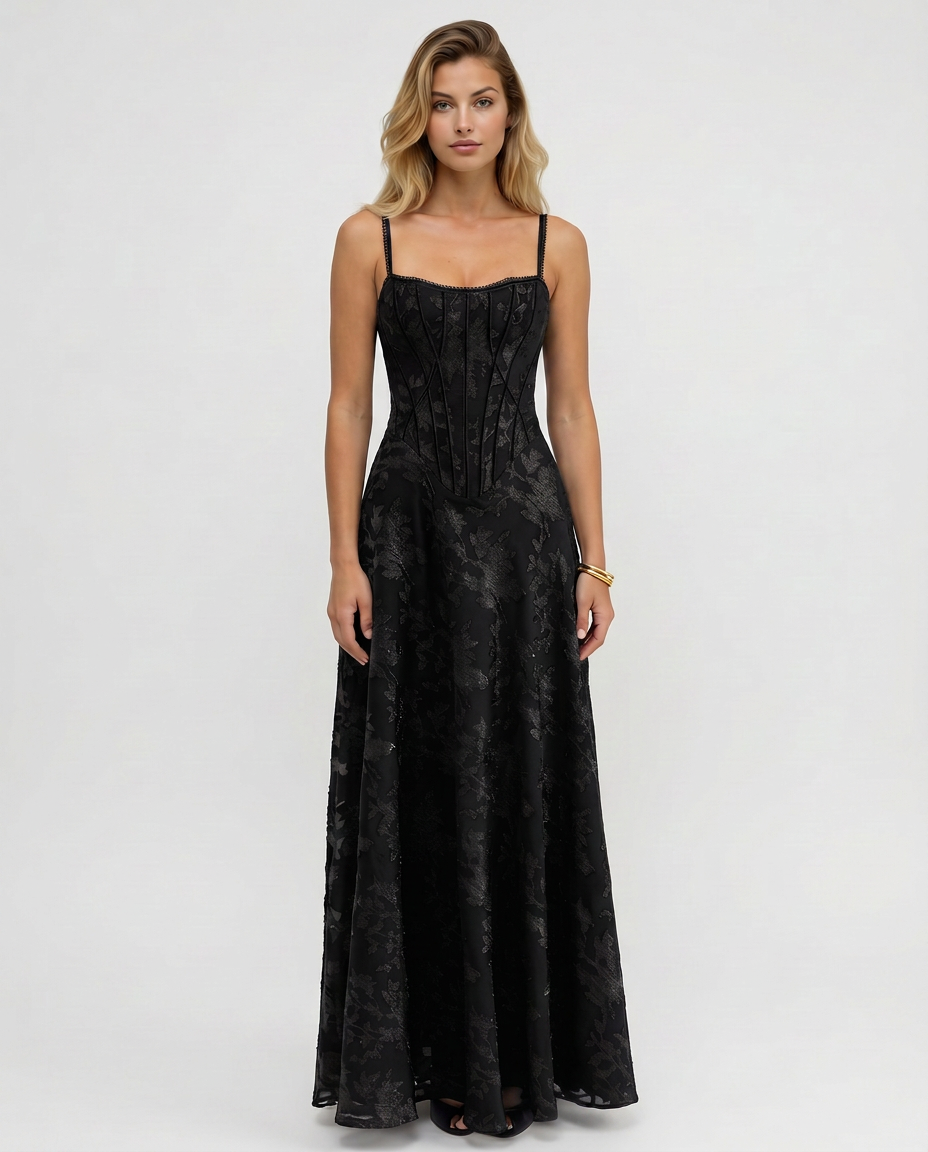 Black maxi corset-style dress with thin straps, sweetheart neckline, flared skirt