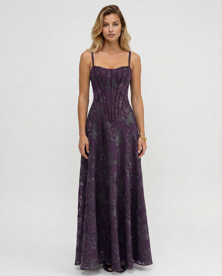Purple maxi corset-style dress with thin straps, sweetheart neckline, flared skirt