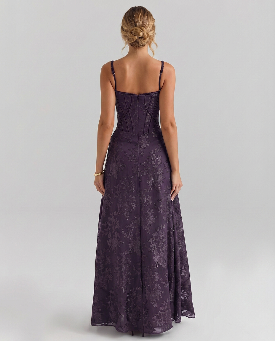 Purple maxi corset-style dress with thin straps and corset back panel, flared skirt