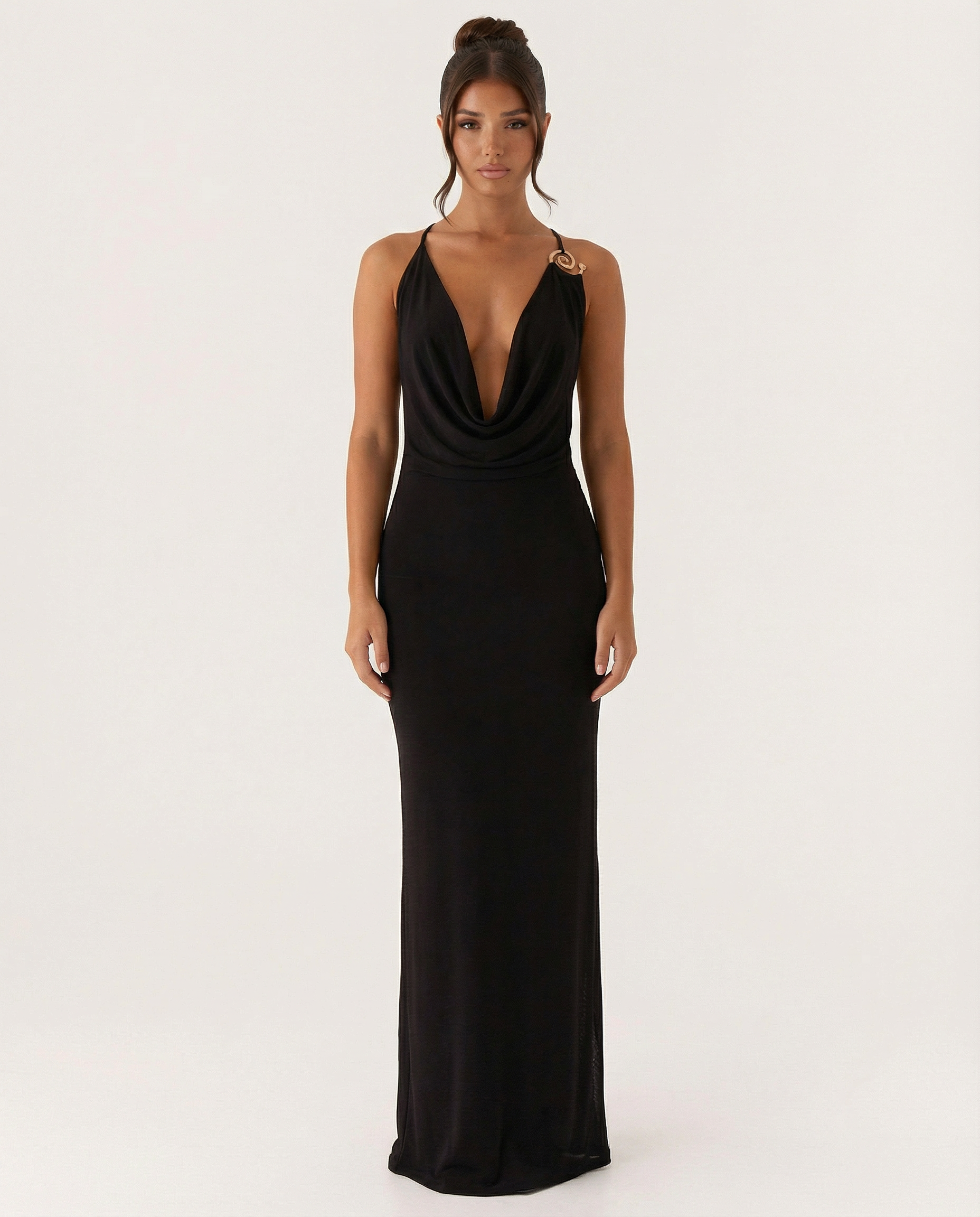 Black maxi cowl neck dress with open back, draped sleeveless front