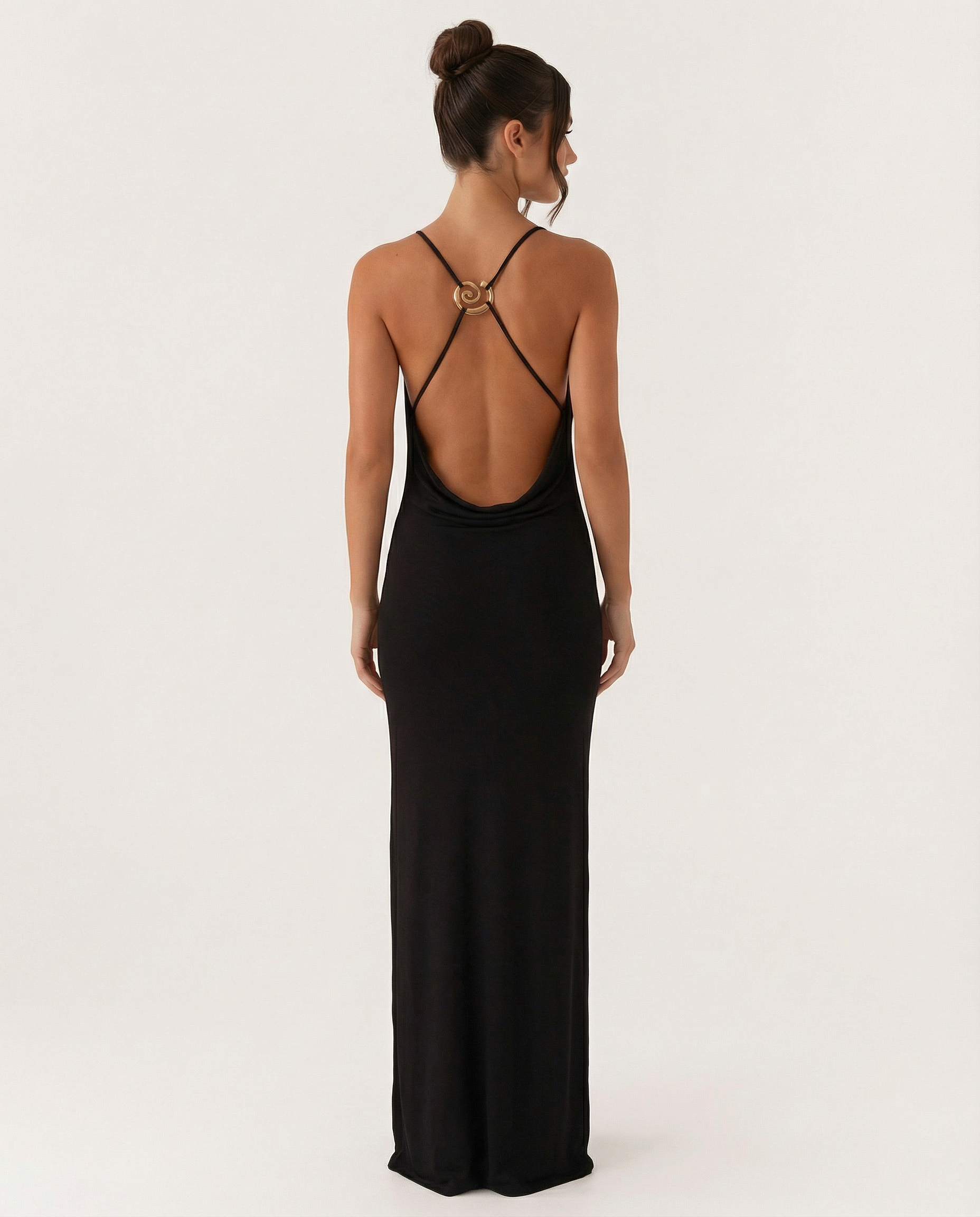 Black maxi cowl neck dress with open back, thin straps and ring detail