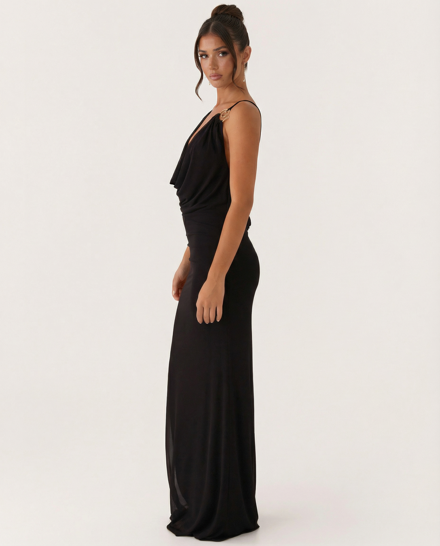 Black maxi cowl neck dress, open-back design with side drape detail